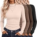 Riyiper 4 Pack Womens Cotton Mockneck Ribbed Long Sleeve Tops