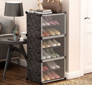 rj creation 3 door 6 shelf plastic metal plastic collapsible shoe stand plastic shoe stand printed black 6 shelves diydo-it-yourself