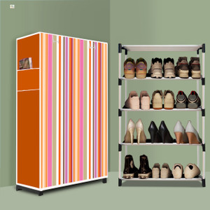 rj creation 4 tier foldable shoe rack  space saver universal for entry bedroom  balcony plastic shoe stand orange strip modern printa4 4 shelves diydo-it-yourself