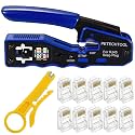 RJ45 Crimp Tool Kit Ethernet Crimping Tool Wire Crimper Stripper Cutter for Cat5e Cat6 Cat6a Pass Thrugh Connectors with 10 pieces Cat6 Connectors and 1 piece mini wire stripper