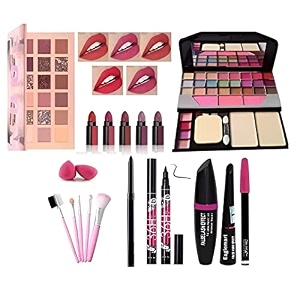 fashion 6155 multicolour makeup kit nude eyeshadow palette 5 pink brushes 5 in 1 lipstick 3in1 eyeliner mascara eyebrow pencil 36h eyeliner kajal2 pc makeup sponge puffs pack of 15