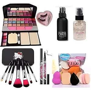 tya 6155 makeup kit with 7 black makeup brushes 6in1 makeup sponges matte fixer primer 36h and eyelashes - pack of 18