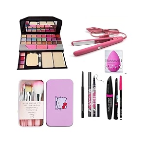 rjguddu tya 6155 multicolor makeup kit and 7 pink makeup brushes36h eyeliner 3in1 eyelinermascaraeyebrow pencil kajal pink blender with hair straightener - pack of 15
