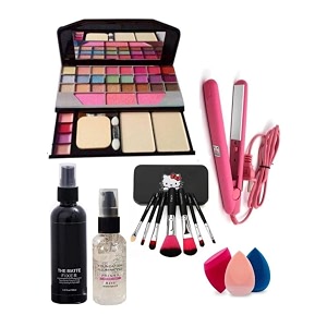 tya 6155 multicolour makeup kit and 7 black brushes set matte fixer foundation illuminating makeup base primer hair straightener with 3 beauty blenders - pack of 14