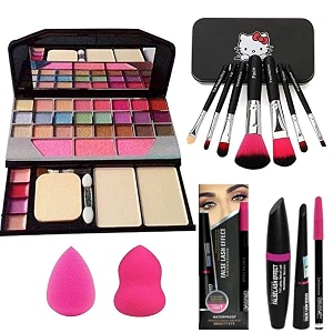 tya 6155 multicolour makeup kit and 7 black makeup brushes set 3in1 eyelinermascarakajal pencil with 2 pink beauty blenders - pack of 13