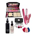 TYA 6155 Multicolour Makeup Kit and 7 Black Brushes Set, Matte Fixer, Foundation Illuminating Makeup Base Primer, Hair Straightener with 3 Beauty Blenders - (Pack of 14)