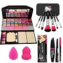 TYA 6155 Multicolour Makeup Kit and 7 Black Makeup Brushes Set, 3in1 Eyeliner,Mascara,Kajal Pencil with 2 Pink Beauty Blenders - (Pack of 13)