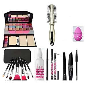 tya fashion 6155 makeup kit with 7 black makeup brush 3in1 combo 36h kajal matte fixer round hair brush and makeup sponge puff - pack of 16