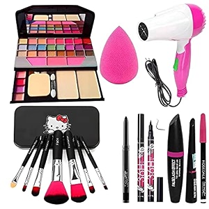 rjguddu tya fashion 6155 multicolour makeup kit with 7 black makeup brushes hair dryer 36hkajal 3in1 eyelinermascaraeyebow pencil and beauty blender - pack of 15
