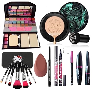 tya fashion 6155 multicolour makeup kit with 7 black makeup brushes foundation 3in1 eyeliner mascara eyebrow pencil kajal36h and beauty blender sponge - pack of 15