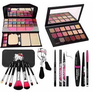 tya fashion 6155 multicolour makeup kit with 7 black makeup brushes rosegold eyeshadow palatte36h kajal 3in1 eyeliner mascara eyebrow pencil eyelash curler beauty blender -pack of 16