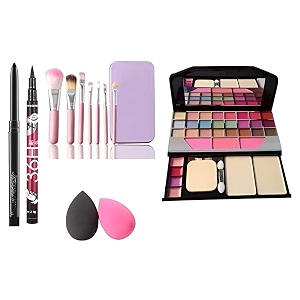 tya fashion 6155 multicolour makeup kit with 7 pcs pink makeup brushes 36h eyeliner kajal pencil and 2 multicolor makeup sponges - pack of 12