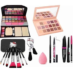 tya fashion 6155 multicolour makeup kit with 7 black makeup brushes nude eyeshadow palatte36h kajal 3in1 eyeliner mascara eyebrow pencil eyelash curler and beauty blender - pack of 16