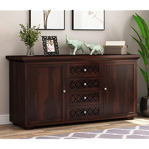 rk deck solid sheesham wood sideboard cabinet walnut finish 2 door 4 drawer storage unit wooden buffet console for living room dining room furniture