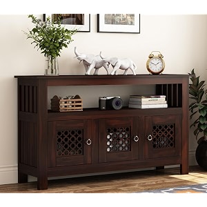 rk wood solid sheesham wood sideboard cabinet honey finish wooden console table with storage shelf 3 door cabinet for living room dining room furniture