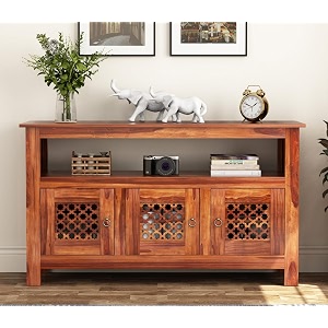 rk wood solid sheesham wood sideboard cabinet with open shelf honey finish wooden storage buffet console cabinet for living room dining room modern furniture