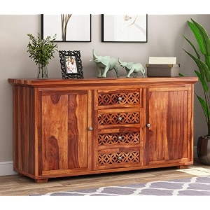 rk wood solid sheesham wood sideboard cabinet honey finish wooden storage unit 4 drawer 2 door buffet console for living room dining room furniture