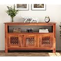 RK Wood Solid Sheesham Wood Sideboard Cabinet with Open Shelf Honey Finish Wooden Storage Buffet Console Cabinet for Living Room Dining Room Modern Furniture
