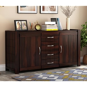rk deck solid sheesham wood sideboard cabinet walnut finish 2 door 3 drawer storage unit wooden buffet console for living room dining room furniture