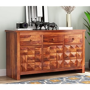rk wood solid sheesham wood sideboard cabinet honey finish 3 drawer 3 door storage unit wooden buffet console for living room dining room furniture