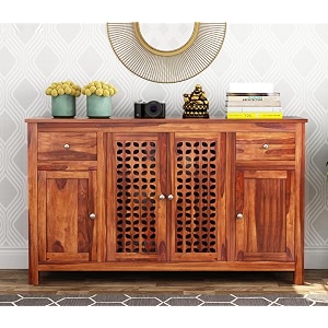 rk deck solid sheesham wood sideboard cabinet 4 door 2 drawer storage unit large wooden console cabinet for living room dining room bedroom furniture brown finish