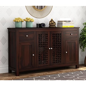 rk deck solid sheesham wood sideboard cabinet walnut finish 4 door 2 drawer storage unit large wooden buffet console for living room dining room furniture