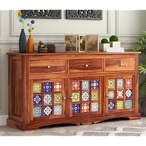 rk wood solid sheesham wood sideboard cabinet honey finish wooden storage buffet console table with drawers doors amp handcrafted tile design for living room dining room