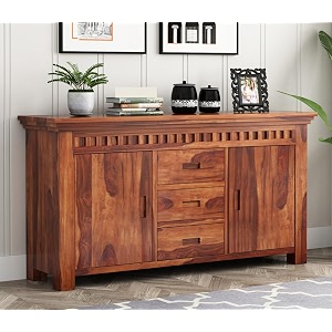 rk deck solid sheesham wood sideboard cabinet 3 drawer 2 door storage unit large wooden console cabinet for living room dining room furniture honey finish