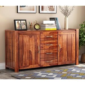 rk wood solid sheesham wood sideboard cabinet honey finish wooden storage buffet console table with drawers amp doors for living room dining room furniture