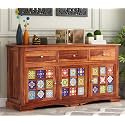 RK Wood Solid Sheesham Wood Sideboard Cabinet Honey Finish Wooden Storage Buffet Console Table with Drawers Doors &amp; Handcrafted Tile Design for Living Room Dining Room