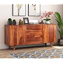 RK Wood Solid Sheesham Wood Sideboard Cabinet Honey Finish Wooden Storage Buffet Cabinet with Drawers and Doors for Living Room Dining Room Modern Furniture