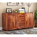 RK Wood Solid Sheesham Wood Sideboard Cabinet Honey Finish Wooden Storage Buffet Console Table with Drawers &amp; Doors for Living Room Dining Room Furniture