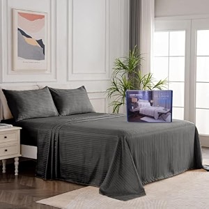 egyptian cotton stripe bed sheets 450 tc  sateen finish luxuries hotel comfortable 3 pieces flat sheet set1 flat with 2 pillow cover bedsheet set for home dark grey stripe 6 by 6  double