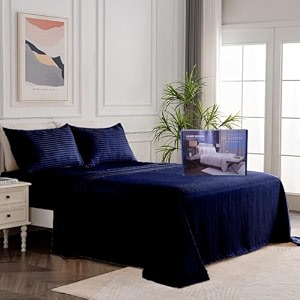 egyptian cotton stripe bed sheets 450 tc  sateen finish luxuries hotel comfortable 3 pieces flat sheet set 1 flat with 2 pillow cover bedsheet set for home navy blue stripe 3 by 6  single