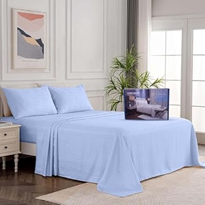 egyptian cotton stripe bed sheets 450 tc  sateen finish luxuries hotel comfortable 3 pieces flat sheet set 1 flat with 2 pillow cover bedsheet set for home sky blue stripe 6 by 6  double