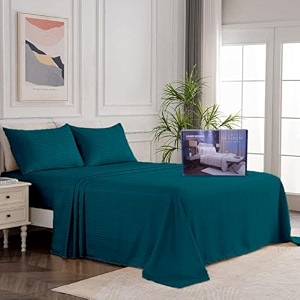 egyptian cotton stripe bed sheets 450 tc  sateen finish luxuries hotel comfortable 3 pieces flat sheet  1 flat with 2 pillow cover bedsheet for home turquoise green stripe 3 by 6  single