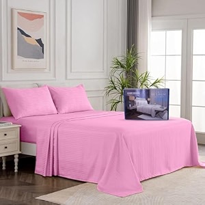 egyptian cotton stripe bed sheets 450 tc  sateen finish luxuries hotel comfortable 3 pieces flat sheet set 1 flat with 2 pillow cover bedsheet set for home pink stripe 3 by 6  single