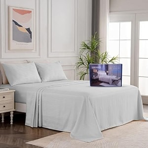 egyptian cotton stripe bed sheets 450 tc  sateen finish luxuries hotel comfortable 3 pieces flat sheet 1 flat with 2 pillow cover bedsheet set for home silver grey stripe 6 by 6  double