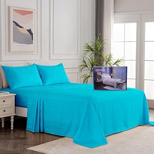 egyptian cotton stripe bed sheets 450 tc  sateen finish luxuries hotel comfortable 3 pieces flat sheet set 1 flat with 2 pillow cover bedsheet set for home turquoise blue stripe king