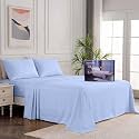 Egyptian Cotton Stripe Bed Sheets 450 TC | Sateen Finish Luxuries Hotel Comfortable 3 Pieces Flat Sheet Set| 1 Flat with 2 Pillow Cover Bedsheet Set for Home, Sky Blue Stripe, Queen