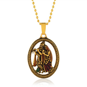 rn antique plated lord radha krishna shyam sawariya pendant locket chain gold-plated brass pendant