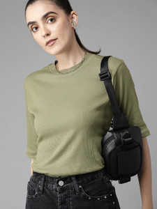 Roadster Casual Solid Women Dark Green Top