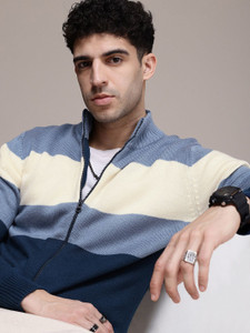 Roadster Colorblock High Neck Casual Men Blue