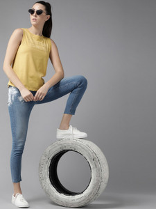 Roadster Embroidered Women Round Neck Yellow T-Shirt