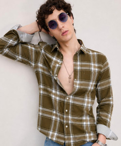 Roadster Men Checkered Casual Green White Brown