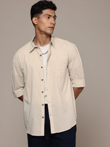 Roadster Men Solid Casual Beige Shirt