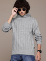 Roadster Men Striped Hooded Neck Grey Sweater