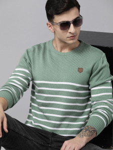 Roadster Men Striped Round Neck Green Sweater