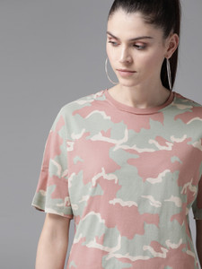 Roadster Military Camouflage Women Round Neck Pink
