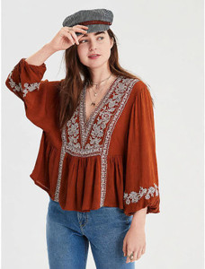 Roadster Party Embroidered Women Brown Top